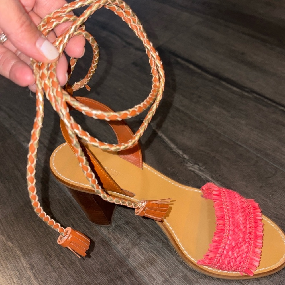 J. Crew Raffia Ankle Tie Block Heel Sandal Size 7 Tan/Pink/Gold - Picture 11 of 15